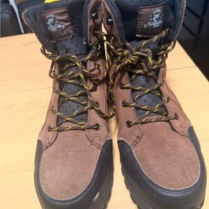 Brahma Brown Suede Work Boots with Black Trim and Yellow-Laced Detail